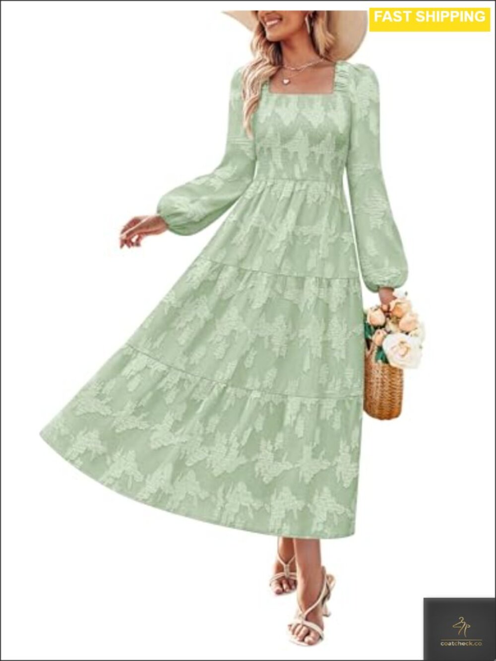 Women's Long Sleeve Floral Midi Dress A-Line Crew Neck Backless